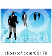 Royalty Free RF Clipart Illustration Of Four Silhouetted Business Men Over A Lined Skyscraper Background