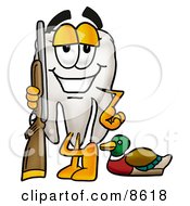 Tooth Mascot Cartoon Character Duck Hunting Standing With A Rifle And Duck