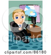 Poster, Art Print Of Blond Businessman Seated At A Computer Desk By A Window