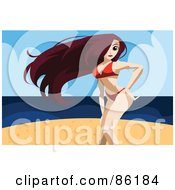 Poster, Art Print Of Brunette Woman With Long Hair Posing In A Red Bikini On A Beach