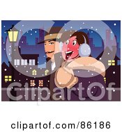 Royalty Free RF Clipart Illustration Of A Happy Couple Wearing Coats And Walking On A Snowy Urban Night