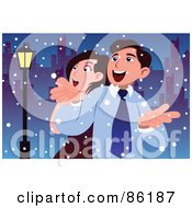 Royalty Free RF Clipart Illustration Of A Happy Caucasian Couple Holding Their Hands Out On A Snowy Urban Night by mayawizard101