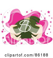 Royalty Free RF Clipart Illustration Of A Two Hands Holding A Money Bag Over Pink
