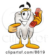 Clipart Picture Of A Tooth Mascot Cartoon Character Holding A Telephone