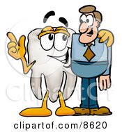 Tooth Mascot Cartoon Character Talking To A Business Man by Mascot Junction