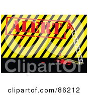 Poster, Art Print Of Red Person On A Ladder Painting Alert Over Hazard Stripes