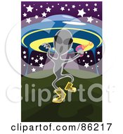 Royalty Free RF Clipart Illustration Of A Menacing Alien Carrying A Ray Gun And Walking Away From A UFO