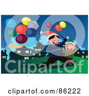 Royalty Free RF Clipart Illustration Of Two Boys Running Through A Park With Balloons