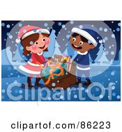Boy And Girl Carrying A Cristmas Toy Sack In The Snow