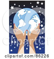 Poster, Art Print Of Womans Hands Holding A Globe Against A Starry Sky