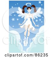 Poster, Art Print Of Brunette Female Angel In A White Dress Hovering Over Clouds With Stars