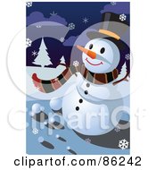 Poster, Art Print Of Winter Snowman In A Scarf And Top Hat On A Snowy Night