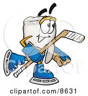 Tooth Mascot Cartoon Character Playing Ice Hockey