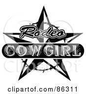 Royalty Free RF Clipart Illustration Of A Black And White Vintage Styled Rodeo Cowgirl Star With Barbed Wire