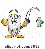 Tooth Mascot Cartoon Character Holding A Fish On A Fishing Pole
