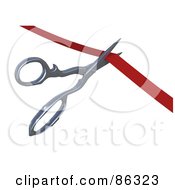 Poster, Art Print Of Pair Of 3d Scissors Cutting A Red Ribbon