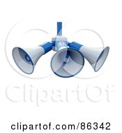 Royalty Free RF Clipart Illustration Of Blue And White 3d Megaphone Speakers Facing Different Directions