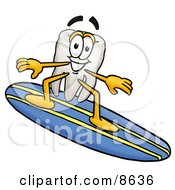 Poster, Art Print Of Tooth Mascot Cartoon Character Surfing On A Blue And Yellow Surfboard