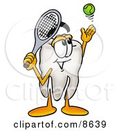 Poster, Art Print Of Tooth Mascot Cartoon Character Preparing To Hit A Tennis Ball