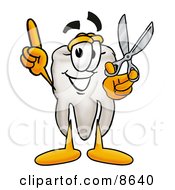 Tooth Mascot Cartoon Character Holding A Pair Of Scissors