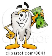 Clipart Picture Of A Tooth Mascot Cartoon Character On A Dollar Bill
