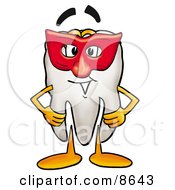 Tooth Mascot Cartoon Character Wearing A Red Mask Over His Face