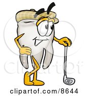 Clipart Picture Of A Tooth Mascot Cartoon Character Leaning On A Golf Club While Golfing