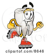 Tooth Mascot Cartoon Character Roller Blading On Inline Skates