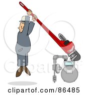 Man Hanging From A Giant Monkey Wrench While Tightening A Gas Meter