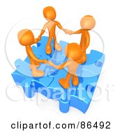 Four 3d Orange People Holding Hands On Linked Puzzle Pieces