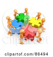 Royalty Free RF Clipart Illustration Of 3d Orange People Pushing Together Large Colorful Puzzle Pieces To Find A Solution by 3poD #COLLC86494-0033