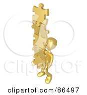 Royalty Free RF Clipart Illustration Of A 3d Gold Person Carrying A Stack Of Connected Puzzle Pieces