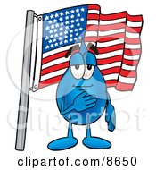 Water Drop Mascot Cartoon Character Pledging Allegiance To An American Flag