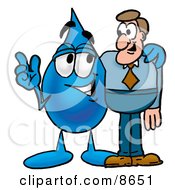 Water Drop Mascot Cartoon Character Talking To A Business Man by Mascot Junction