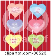 Poster, Art Print Of Digital Collage Of Six Message Heart Candies Over Red And Pink Stripes