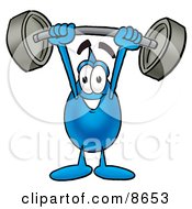 Water Drop Mascot Cartoon Character Holding A Heavy Barbell Above His Head