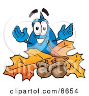 Poster, Art Print Of Water Drop Mascot Cartoon Character With Autumn Leaves And Acorns In The Fall