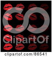 Poster, Art Print Of Background Of Red Lipstick Kisses In Rows On Black