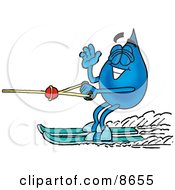 Water Drop Mascot Cartoon Character Waving While Water Skiing