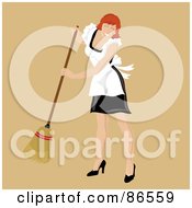 Poster, Art Print Of Red Haired Caucasian Maid Smiling And Sweeping