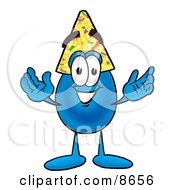 Water Drop Mascot Cartoon Character Wearing A Birthday Party Hat