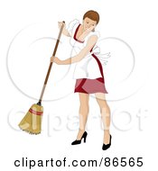 Poster, Art Print Of Brunette Caucasian Maid Smiling And Sweeping