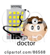 Royalty Free RF Clipart Illustration Of A Male Doctor With A Headlamp And Stethoscope In Front Of A Hospital