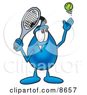 Water Drop Mascot Cartoon Character Preparing To Hit A Tennis Ball