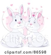 Poster, Art Print Of Cute Rabbit Couple Holding Hands With Pink Hearts