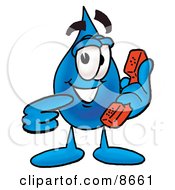 Water Drop Mascot Cartoon Character Holding A Telephone