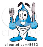 Poster, Art Print Of Water Drop Mascot Cartoon Character Holding A Knife And Fork