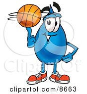 Poster, Art Print Of Water Drop Mascot Cartoon Character Spinning A Basketball On His Finger