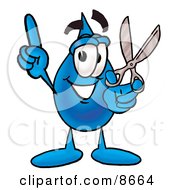 Water Drop Mascot Cartoon Character Holding A Pair Of Scissors