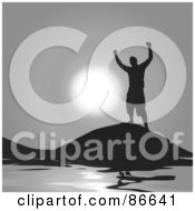 Poster, Art Print Of Silhouetted Successful Man Celebrating Victory On A Hill Over Water